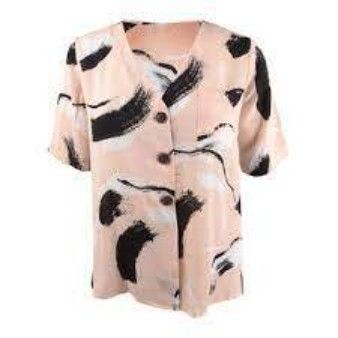 Alfani Women's Printed Button-Up, Wide Brush Peach Top, Size Large