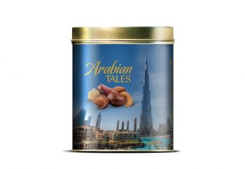Arabian Tales Nuts & Dates Covered With Milk Chocolate In Ovan Tin 200gm, Burj Khalifa Design