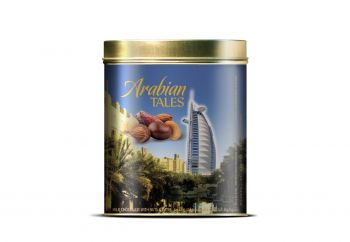 Arabian Tales Nuts & Dates Covered With Milk Chocolate In Ovan Tin 200gm, Burj Al Arab Design