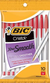 BIC Cristal Xtra Smooth Ball Point Pen, Medium Point (1.0 mm), Red, 10 pcs