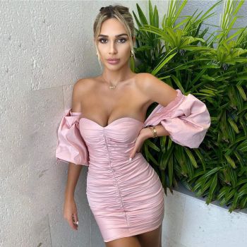 Krystelle Dress - Women Off Shoulder Sexy Pink Mini Dress 
