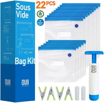 OUII Sous Vide Bags for Joule and Anova Cookers - 15 Reusable BPA-Free Sous Vide Bags with Vacuum Hand Pump in Various Sizes -Vacuum Sealer Bags Food Storage Freezer Safe - Fits Any Sous Vide Machine
