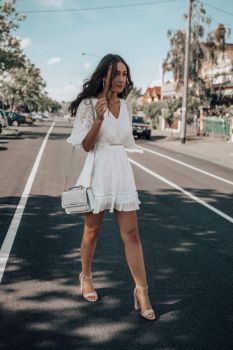 Jessica Dress- V-Neck Petal Sleeve White Dress