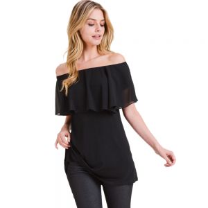 Women's Black Off Shoulder Ruffle Tunic Top
