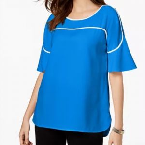 Piped Flutter Sleeve Blouse in Navy and White