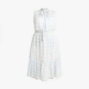 Ralph Lauren Gingham Tie-neck Dress In Silk White, Size 16